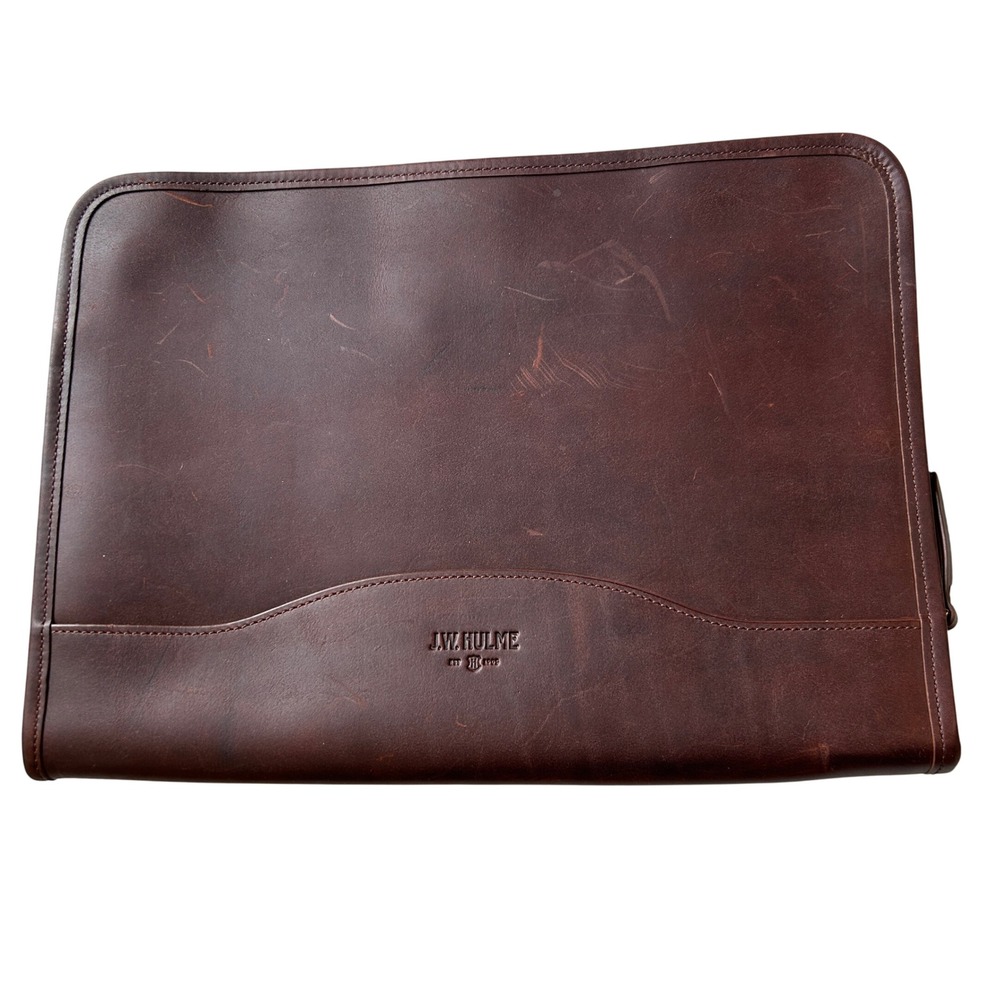 JW Hulme Brown Leather Zip Document Case Laptop Portfolio Sleeve Bag 14x10.5